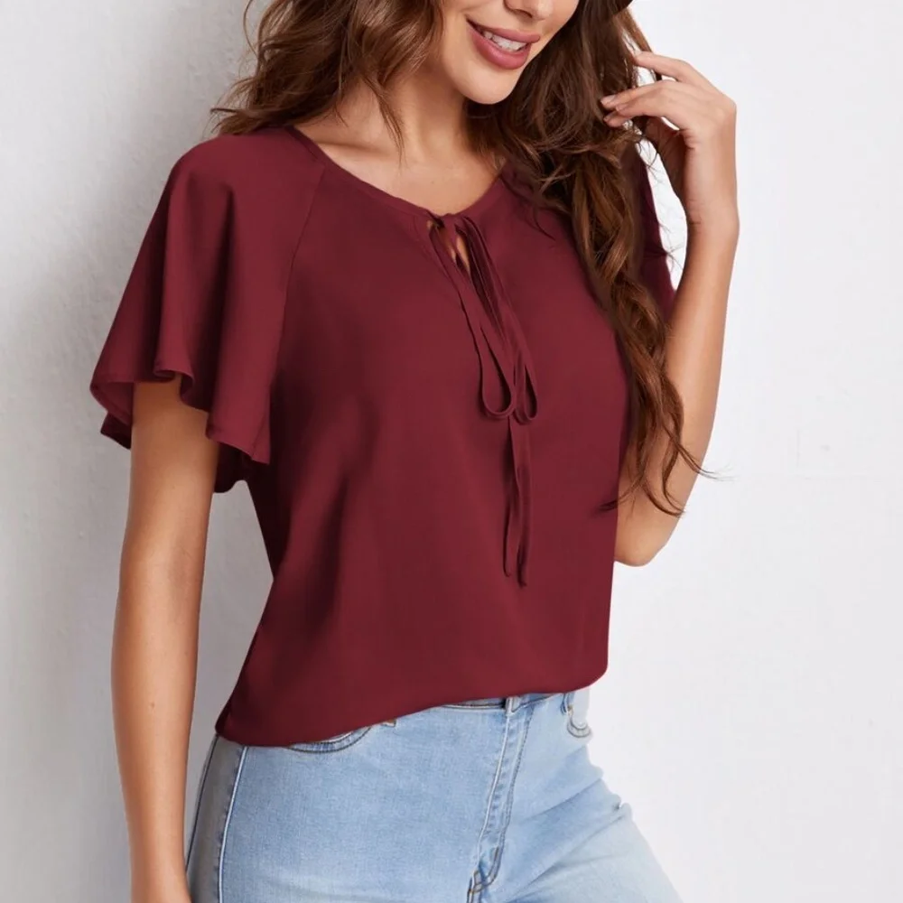 Bohemian  Solid Butterfly Sleeve Blouse Work Office - Picture 7 of 16
